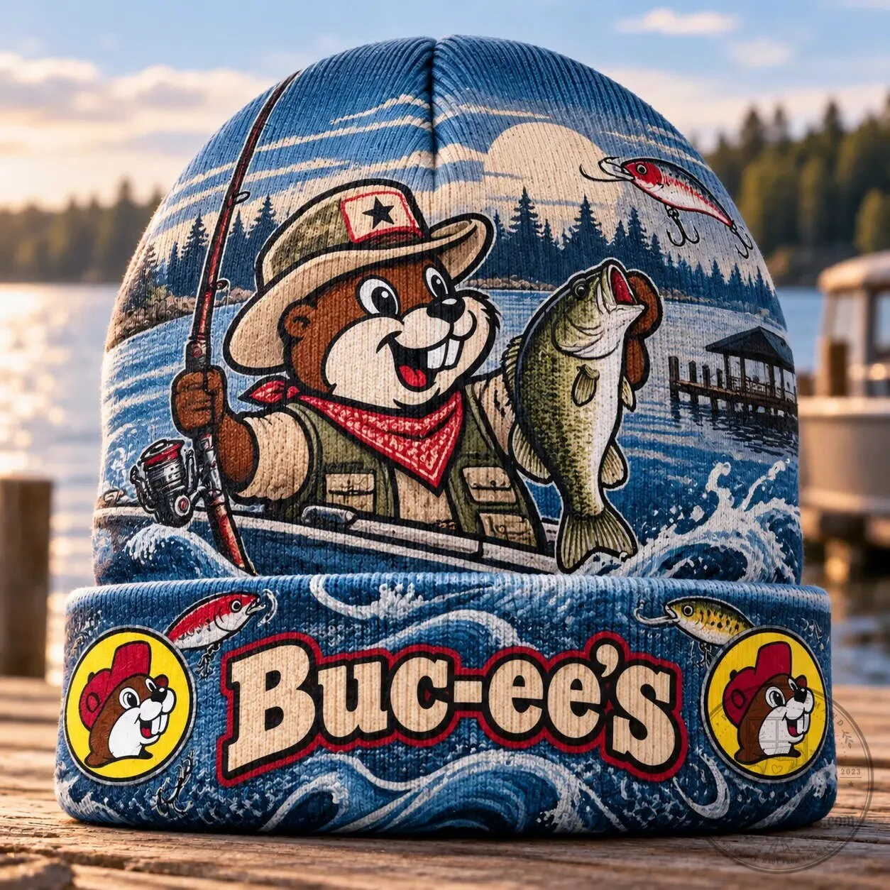 Buc-ee's Fishing Beaver Blue Waves Graphic Printed Winter Beanie Hat