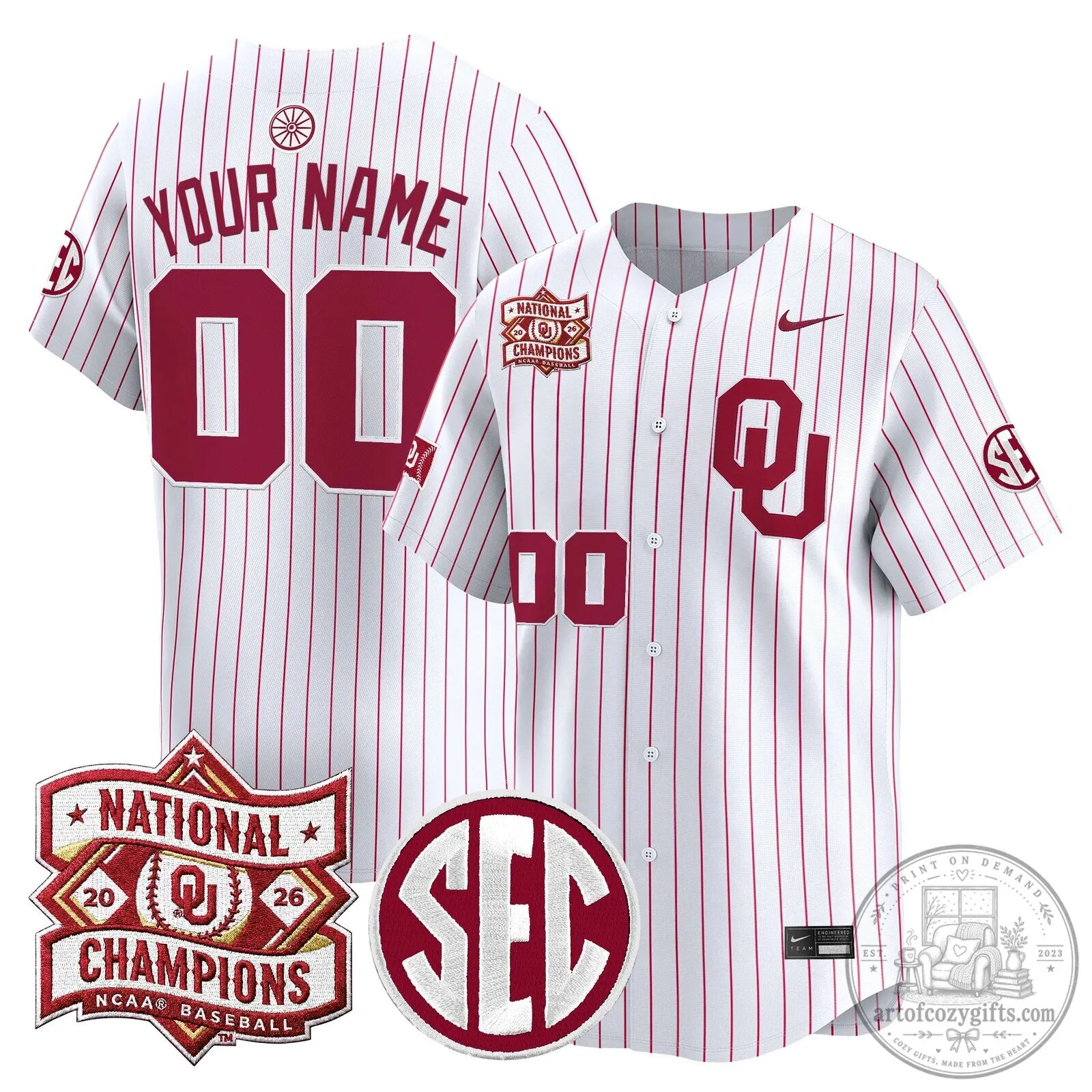 Oklahoma Sooners 2026 National Champions Custom Baseball Jersey