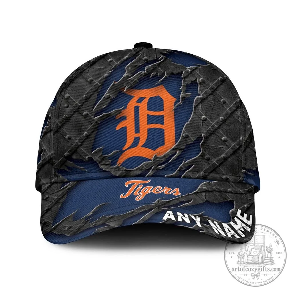 Detroit Tigers Personalized Name Black Metal Design Baseball Cap