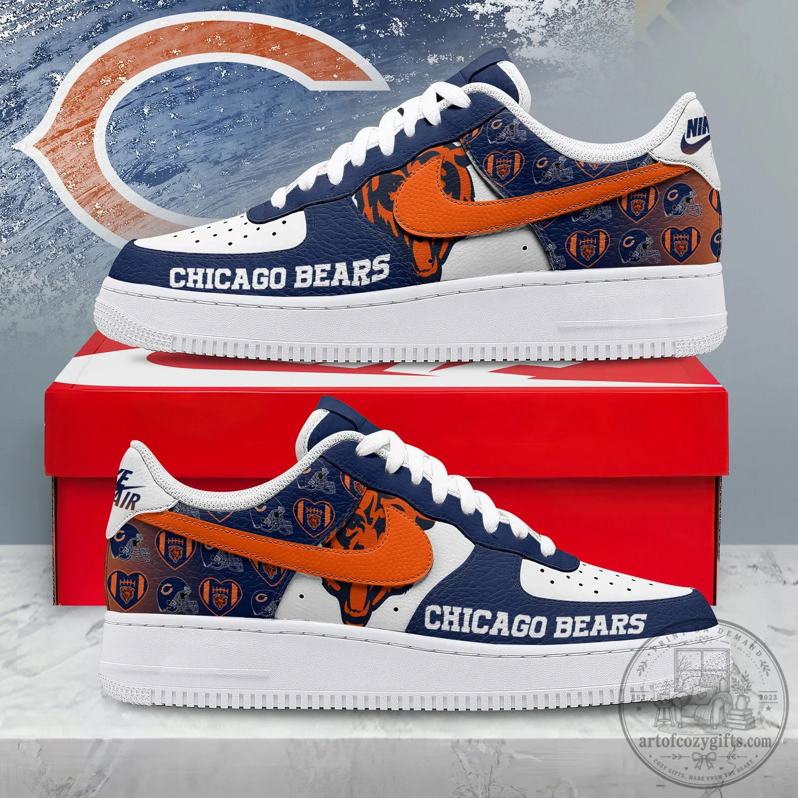Chicago Bears NFL Team Logo Custom Design White and Navy Blue Athletic Shoes