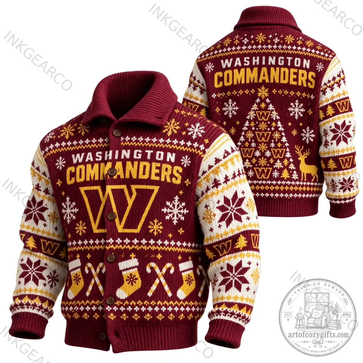 Washington Commanders Christmas Holiday Ugly Sweater Knit Cardigan