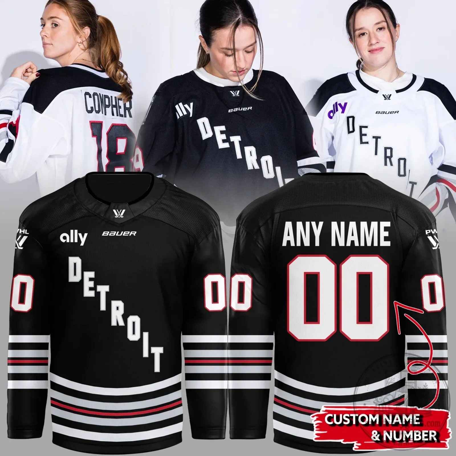 PWHL Detroit Custom Name And Number Black Ice Hockey Jersey