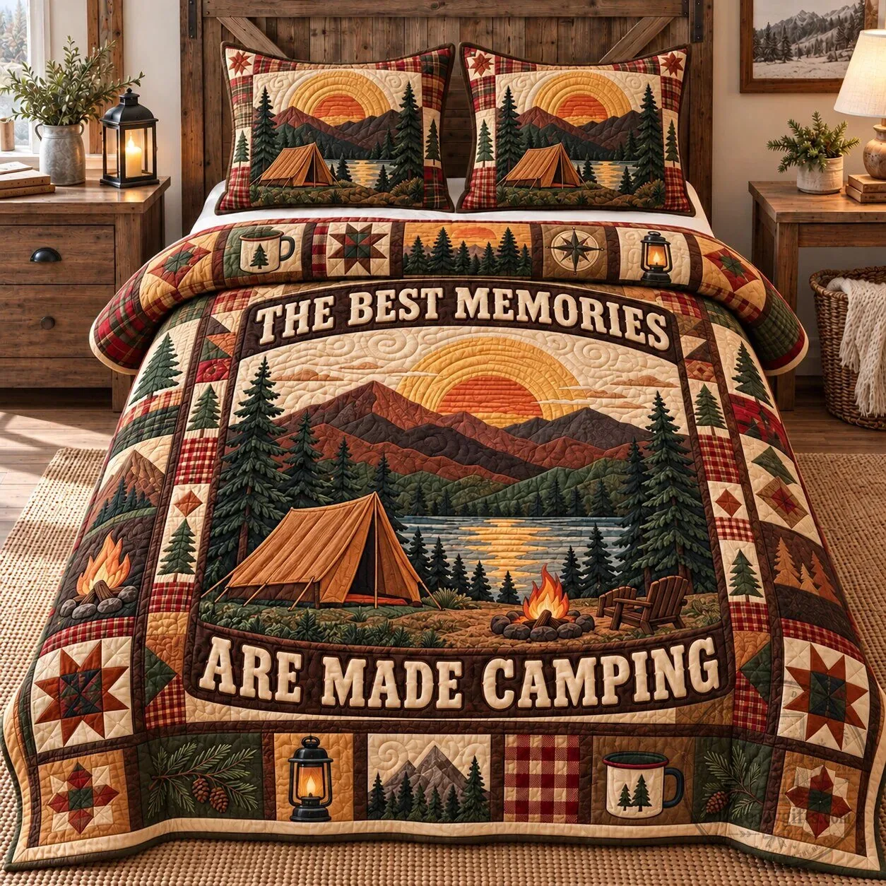 Camping Rustic Patchwork Quilted Bedding Set with The Best Memories Are Made Camping