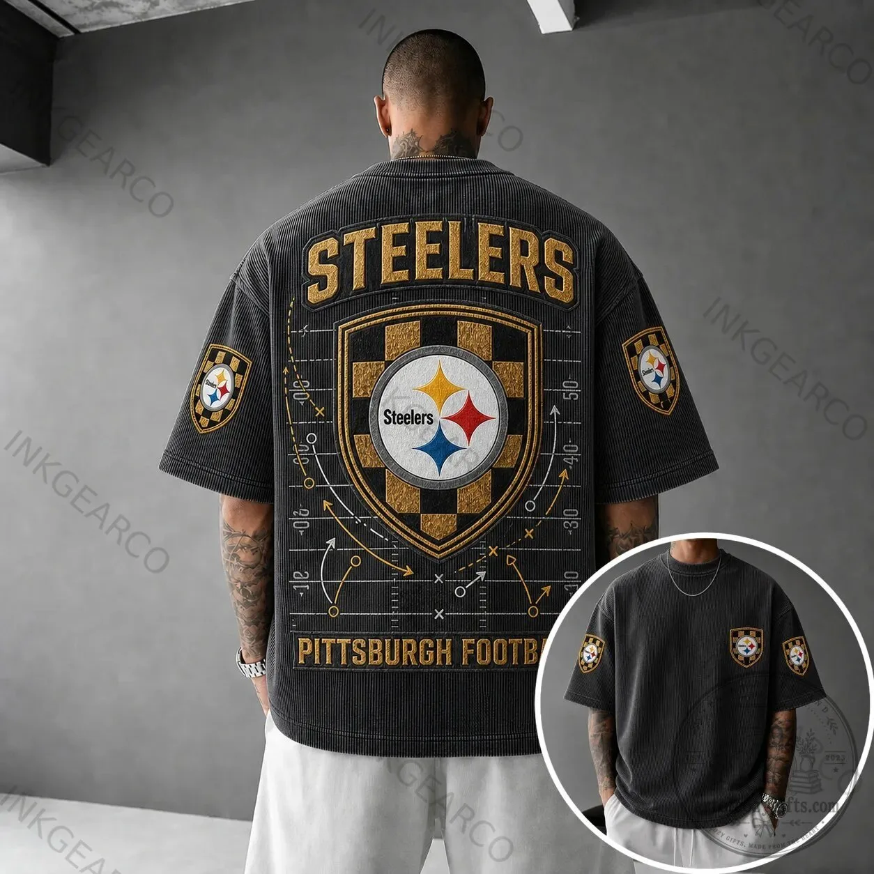 Pittsburgh Steelers Football Team Black Corduroy Short Sleeve Shirt