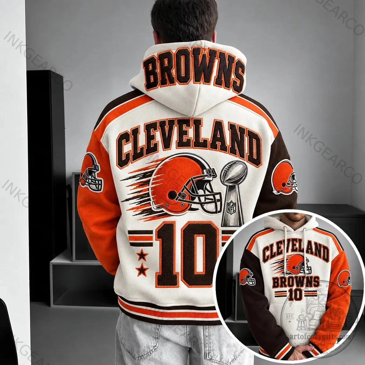 Cleveland Browns NFL Football Team Logo White and Orange Hoodie