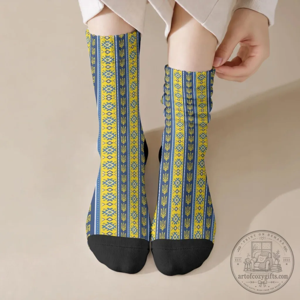 Ukrainian Trident Pattern Crew Socks, Blue and Yellow Folk Art Design