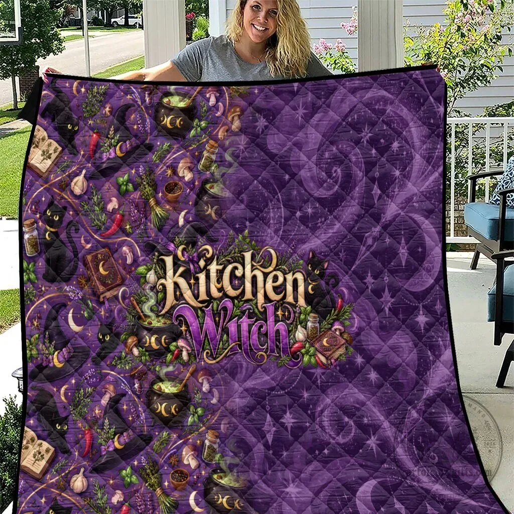 Kitchen Witch Mystical Wiccan Magic Herb Cauldron Black Cat Quilt Blanket