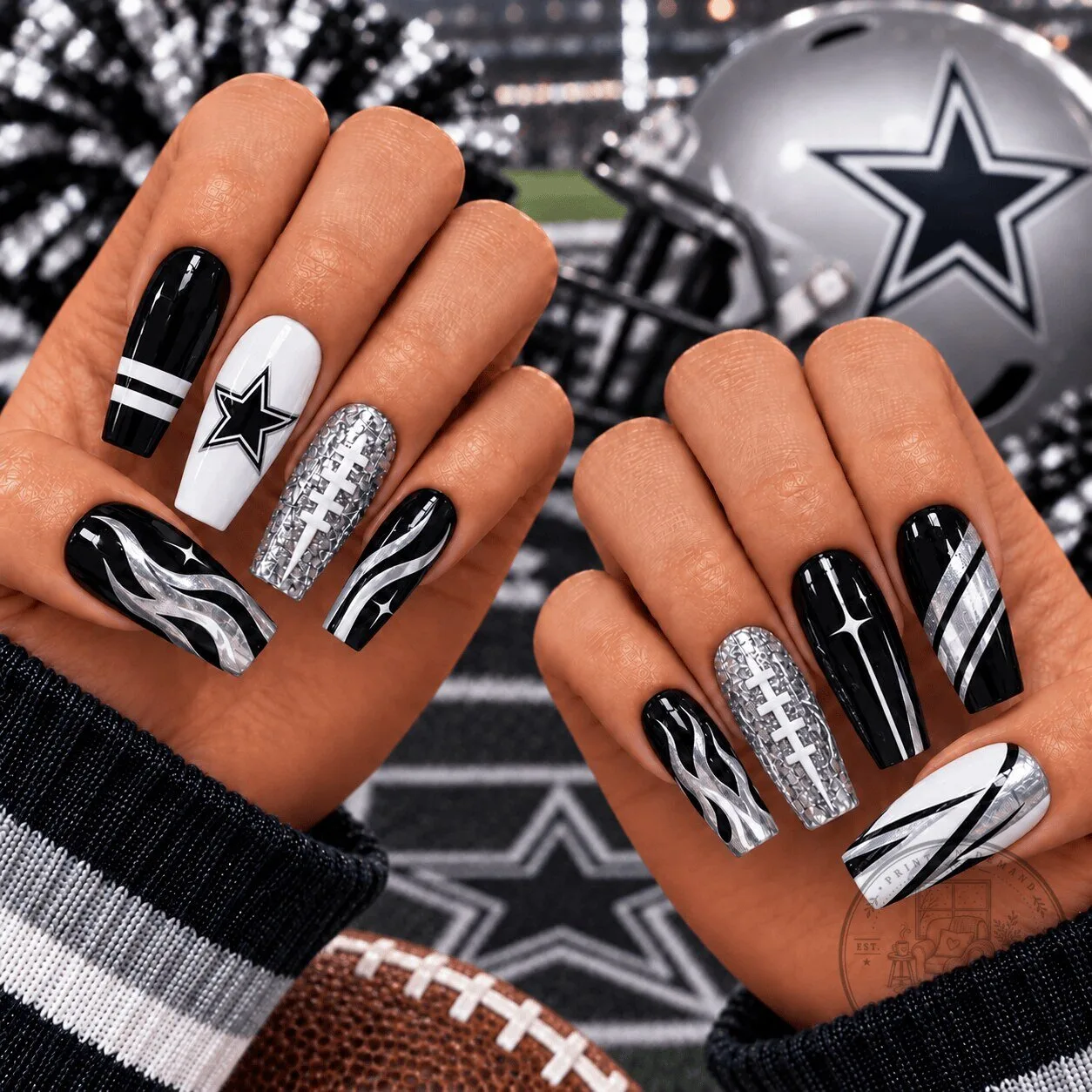 Dallas Cowboys Black Silver Chrome Game Day Football Fan Press-On Nails Set