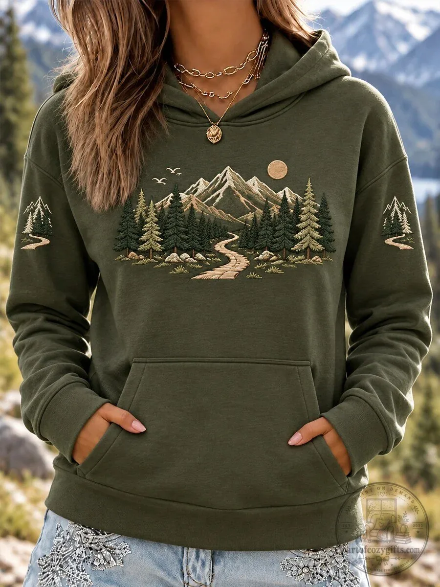 Mountain Forest Trail Embroidered Outdoor Adventure Nature Lover Hoodie