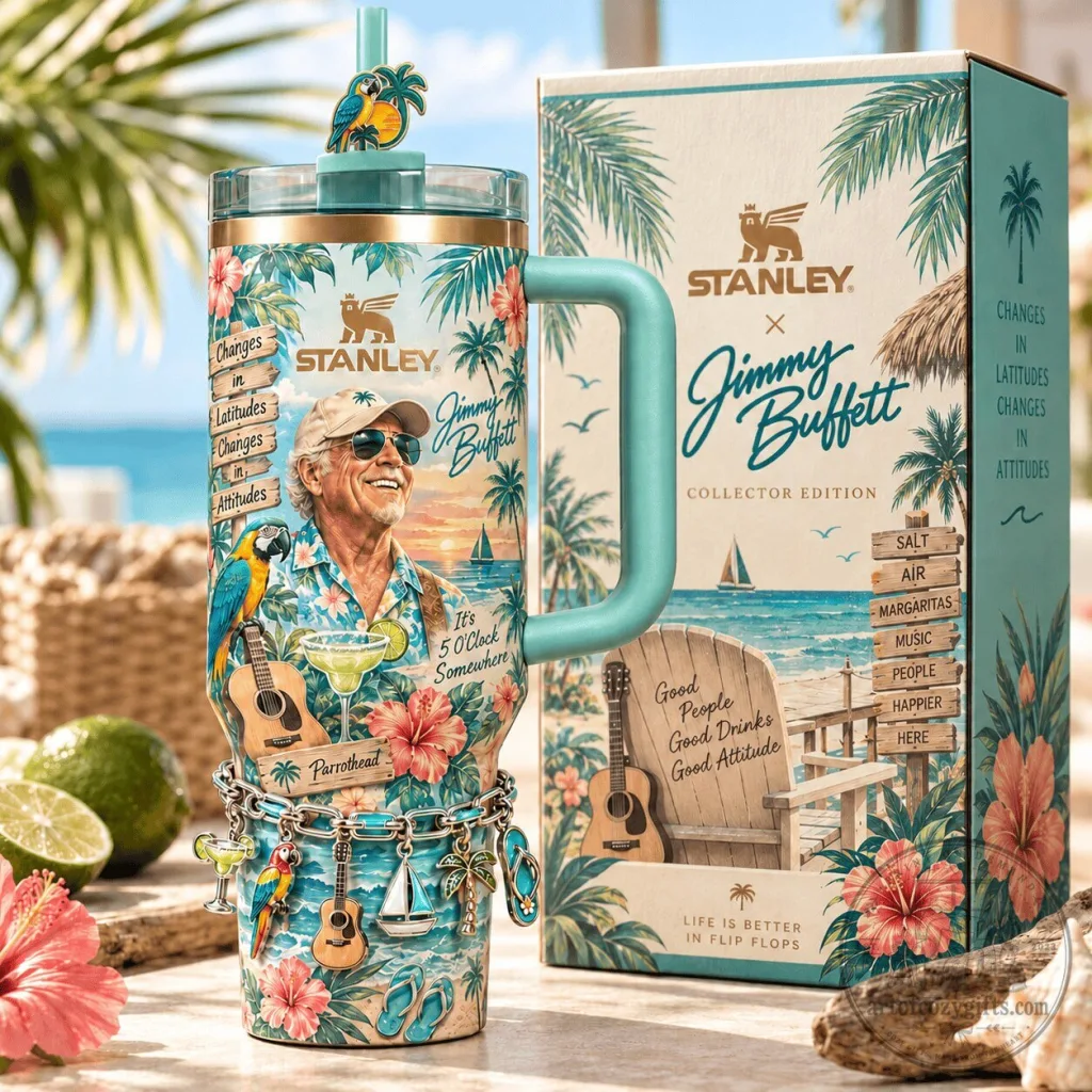 Jimmy Buffett Stanley Tumbler with Charm Bracelet and Straw Topper Jimmy Buffett Stanley Tumbler with Charm Bracelet and Straw Topper